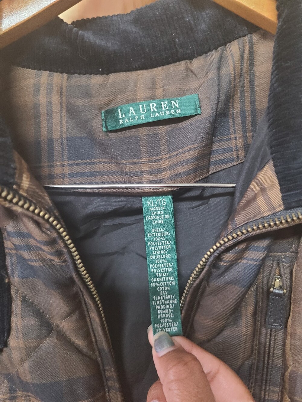 Lauren Ralph Lauren Brown Plaid Quilted Vest with Corduroy Trim - Picture 2 of 8